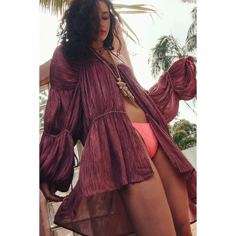 Free People Juliet Duster Brick Red Boho Crinkle Gauze Kimono One Size NEW